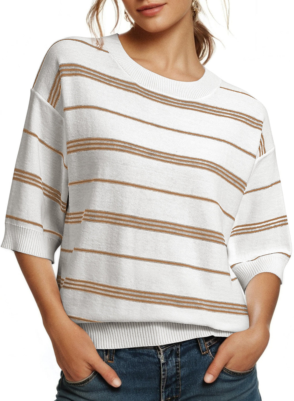 Drop Shoulder Ribbed Trim Loose Half Sleeve Sweater