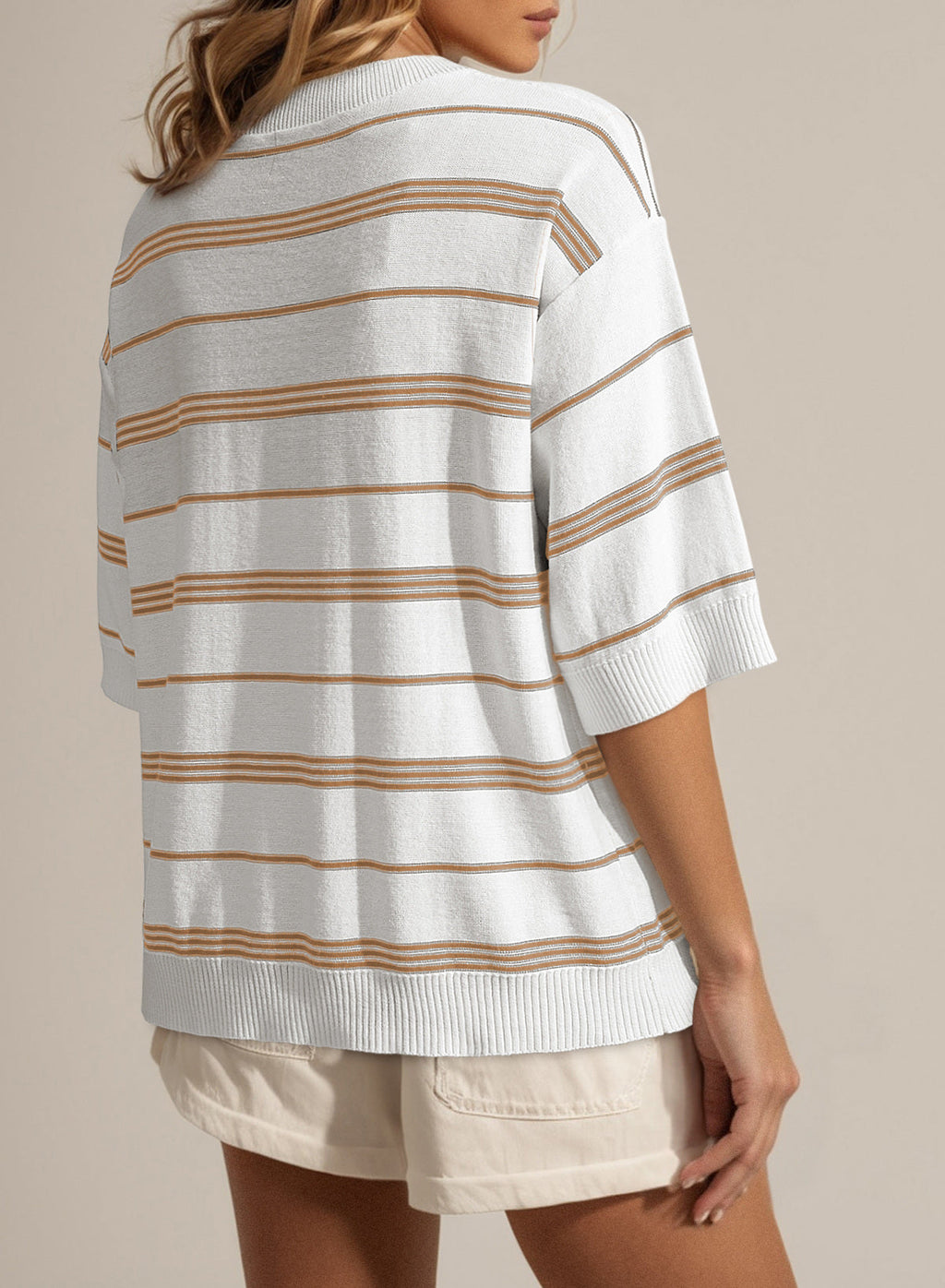 Drop Shoulder Ribbed Trim Loose Half Sleeve Sweater
