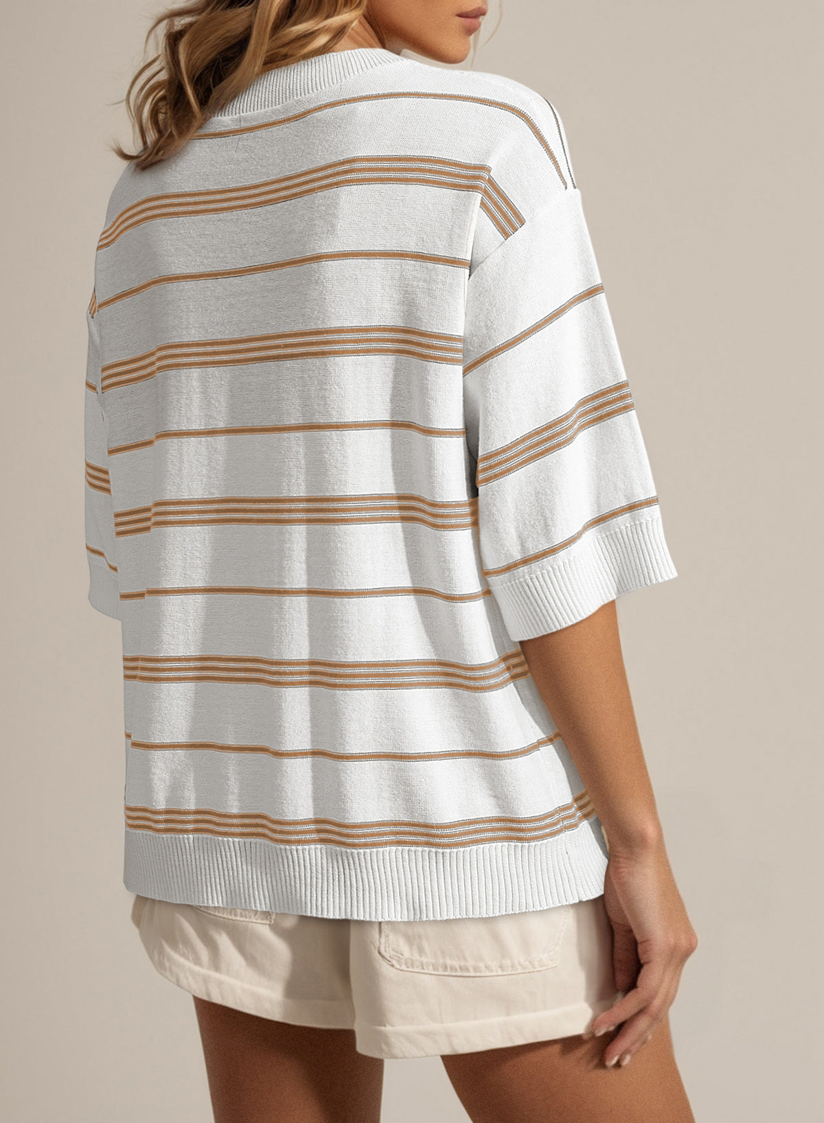 Drop Shoulder Ribbed Trim Loose Half Sleeve Sweater