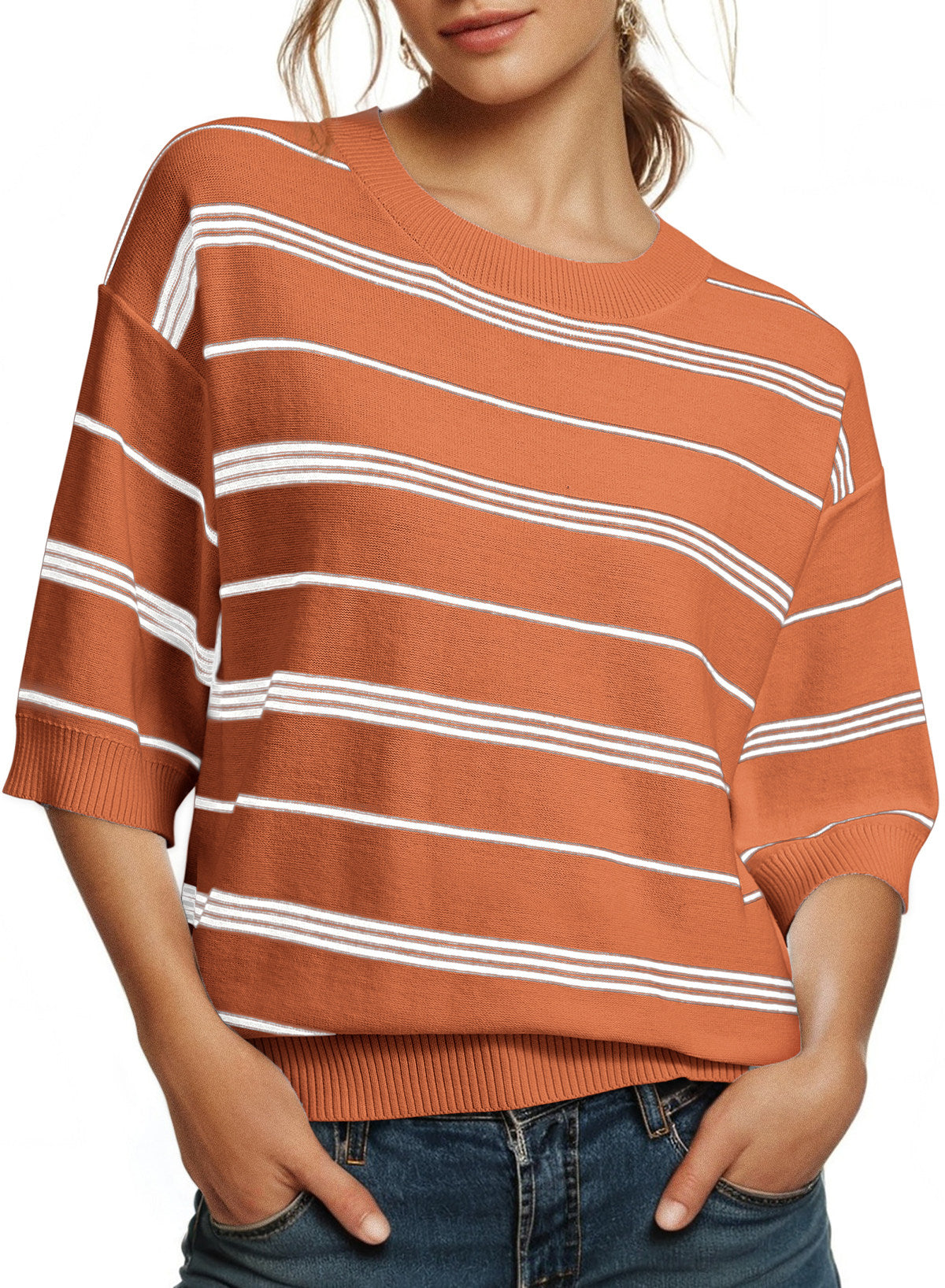 Drop Shoulder Ribbed Trim Loose Half Sleeve Sweater