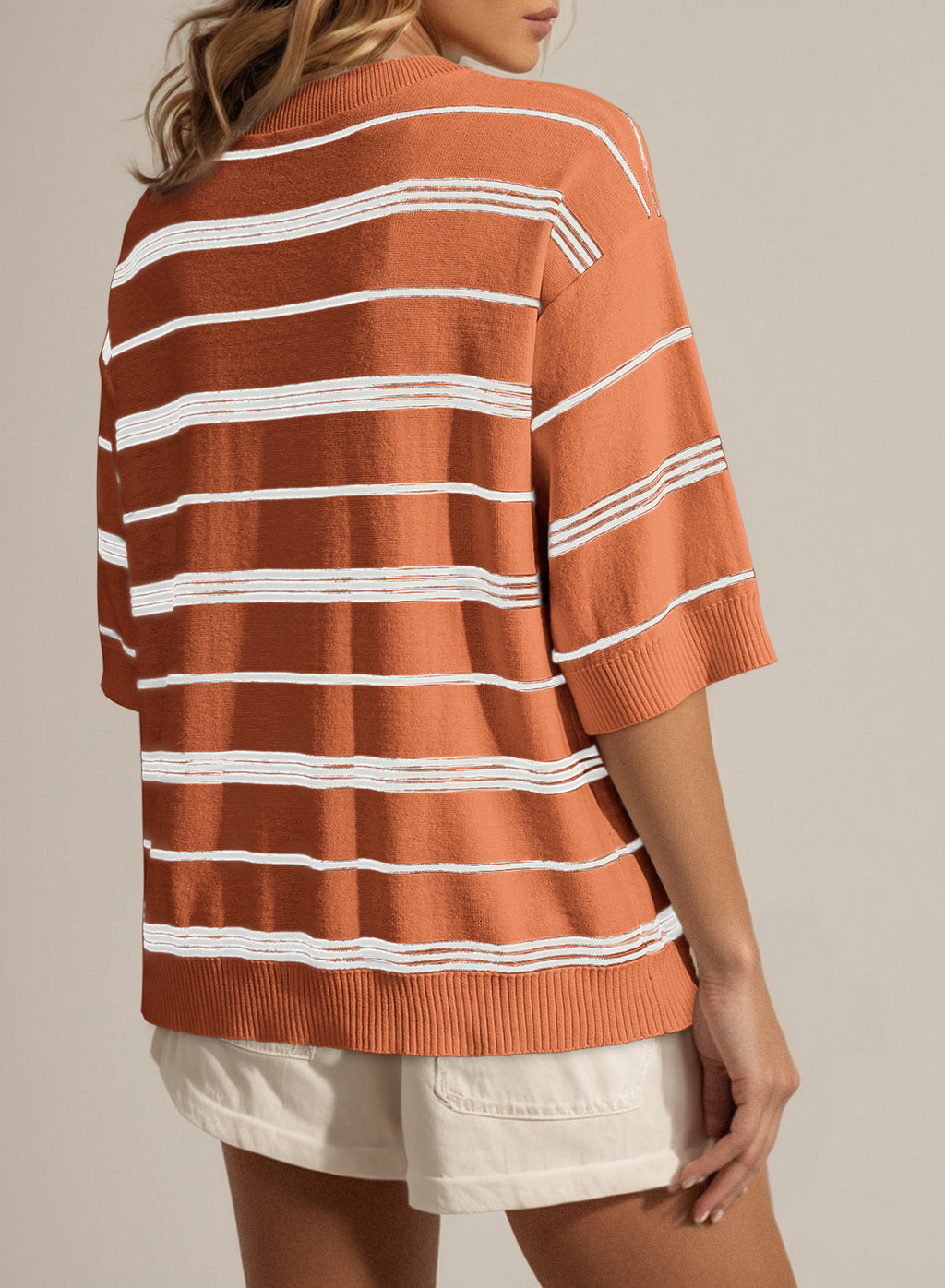 Drop Shoulder Ribbed Trim Loose Half Sleeve Sweater