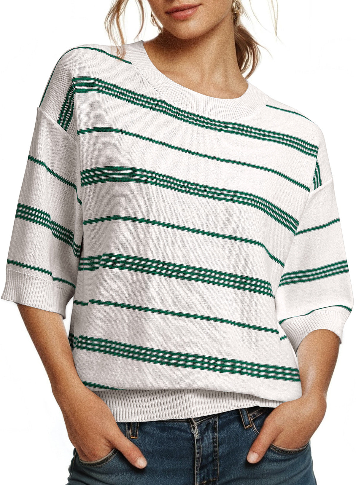Drop Shoulder Ribbed Trim Loose Half Sleeve Sweater