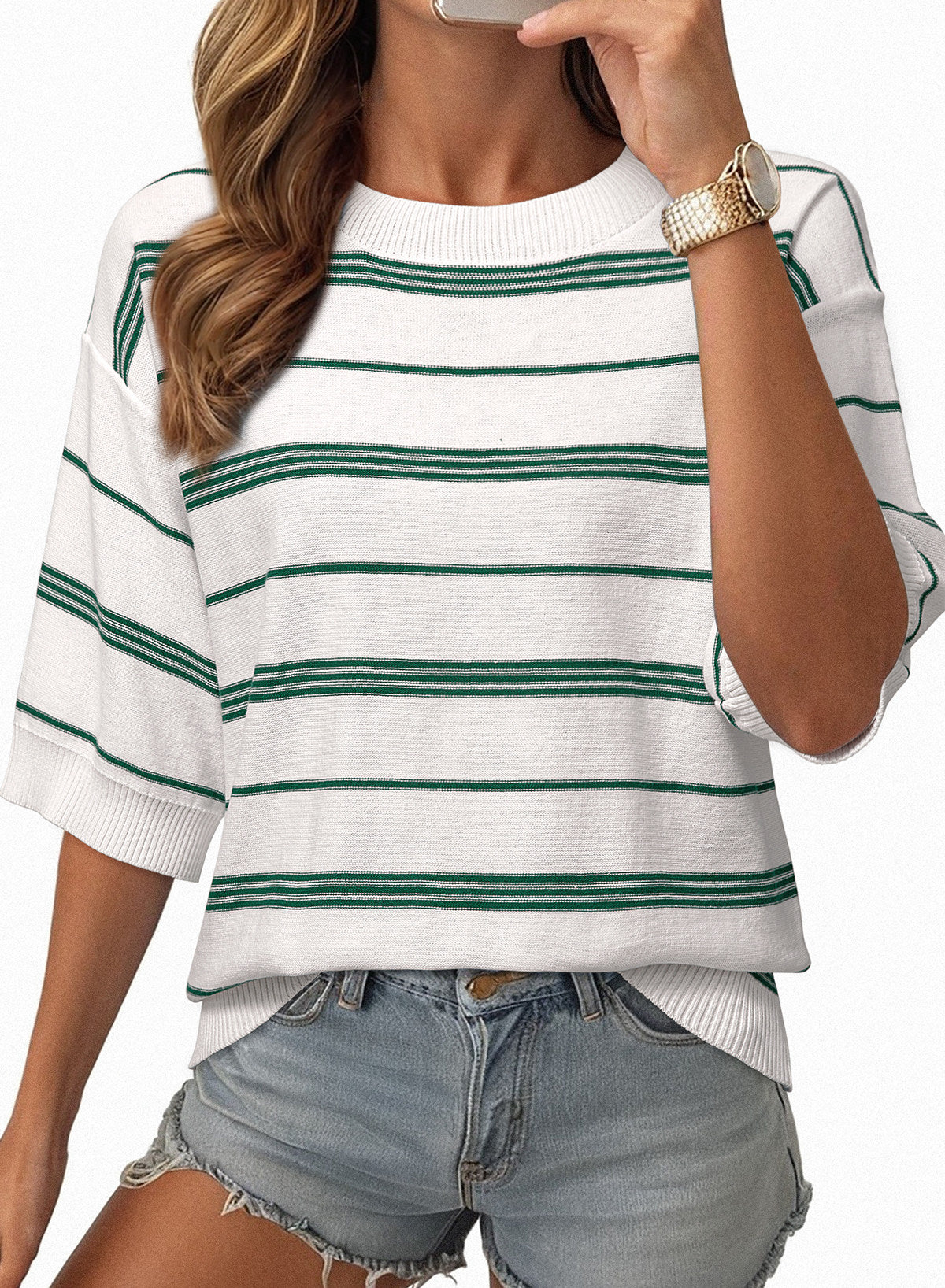 Drop Shoulder Ribbed Trim Loose Half Sleeve Sweater