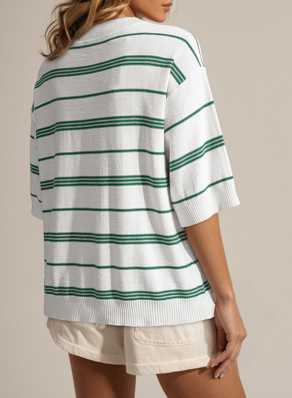 Drop Shoulder Ribbed Trim Loose Half Sleeve Sweater