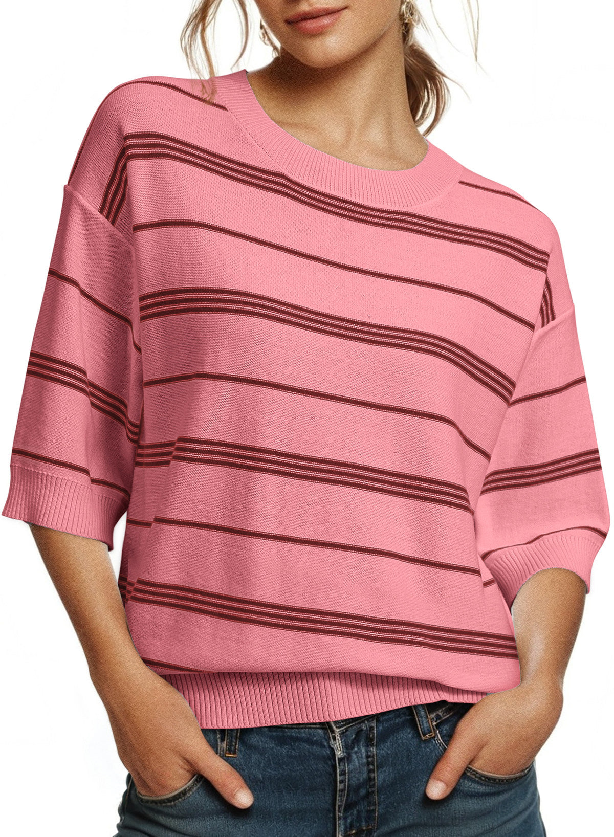 Drop Shoulder Ribbed Trim Loose Half Sleeve Sweater