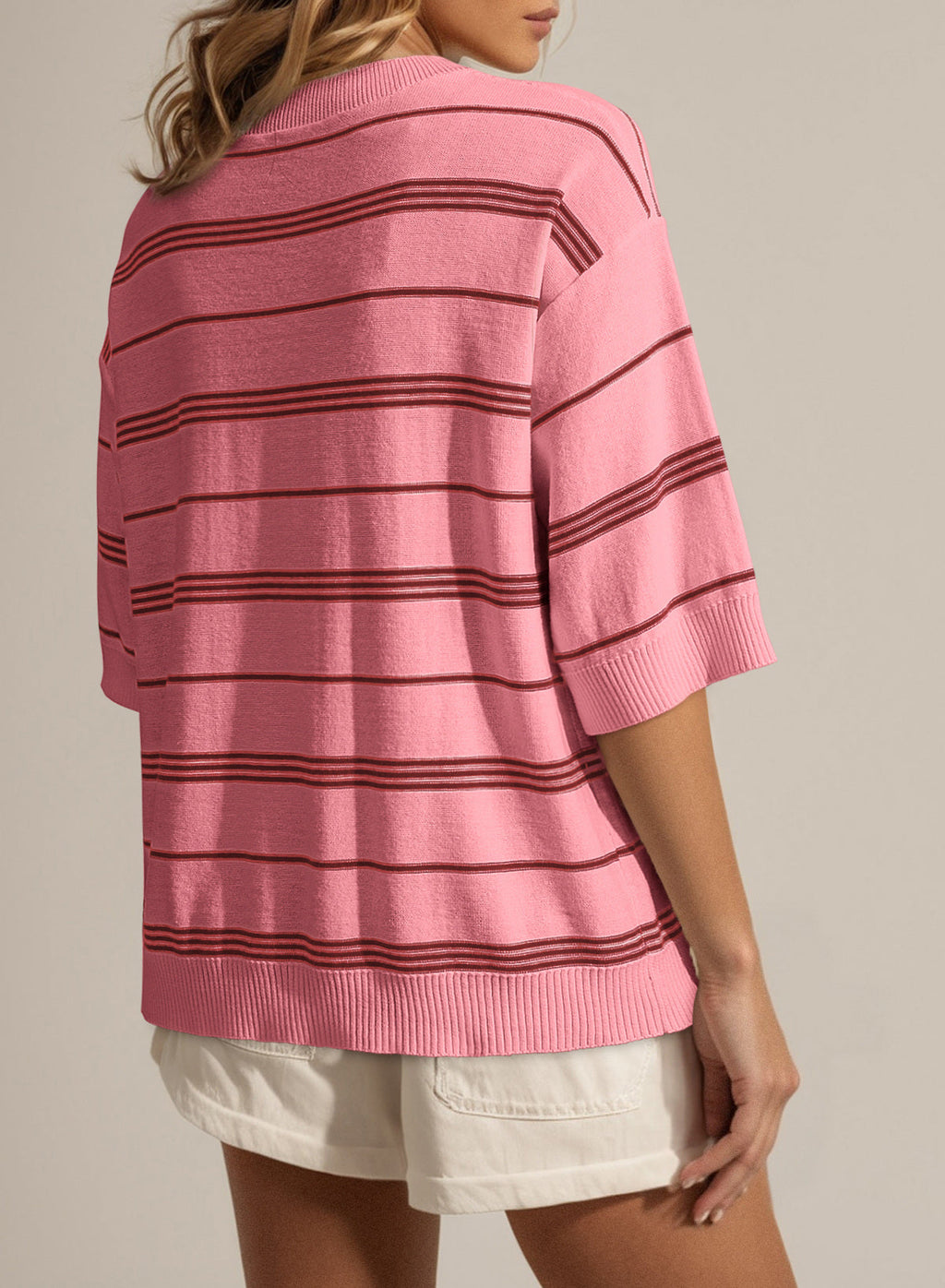 Drop Shoulder Ribbed Trim Loose Half Sleeve Sweater