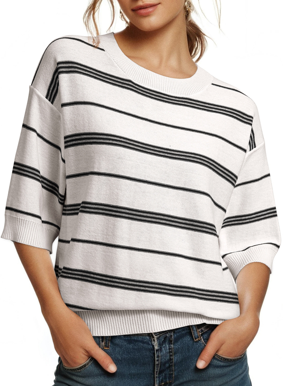 Drop Shoulder Ribbed Trim Loose Half Sleeve Sweater