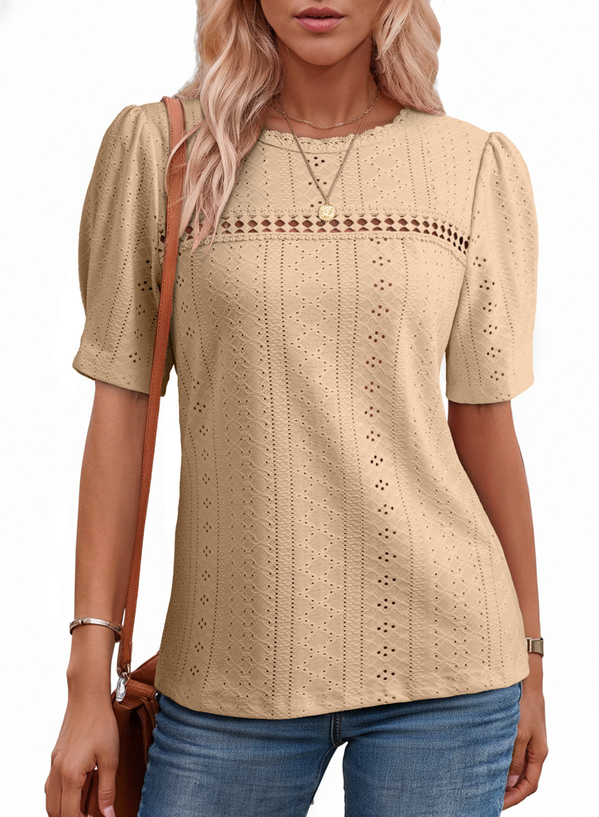 Eyelet Round Neck Short Sleeve T-Shirt