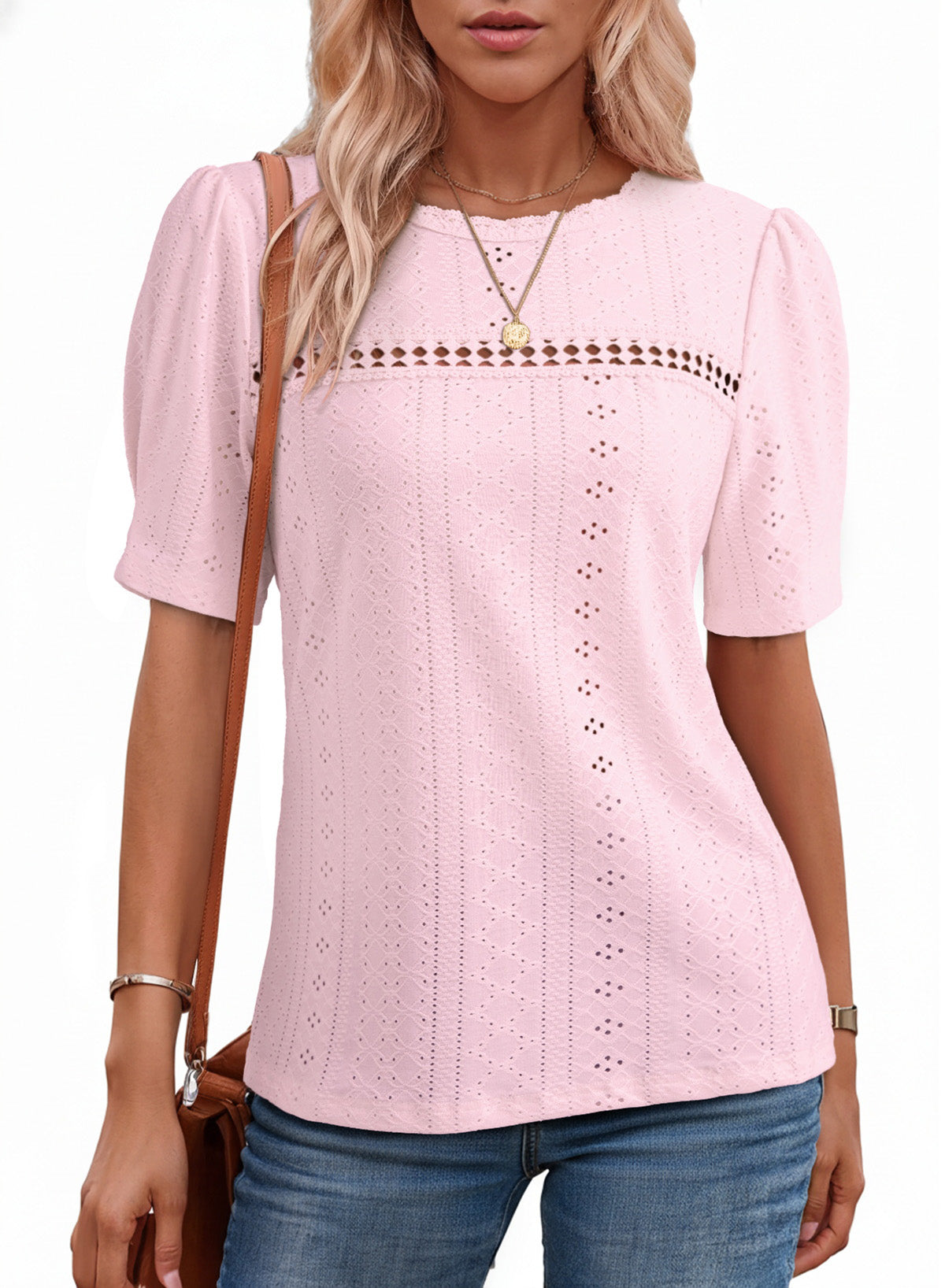 Eyelet Round Neck Short Sleeve T-Shirt