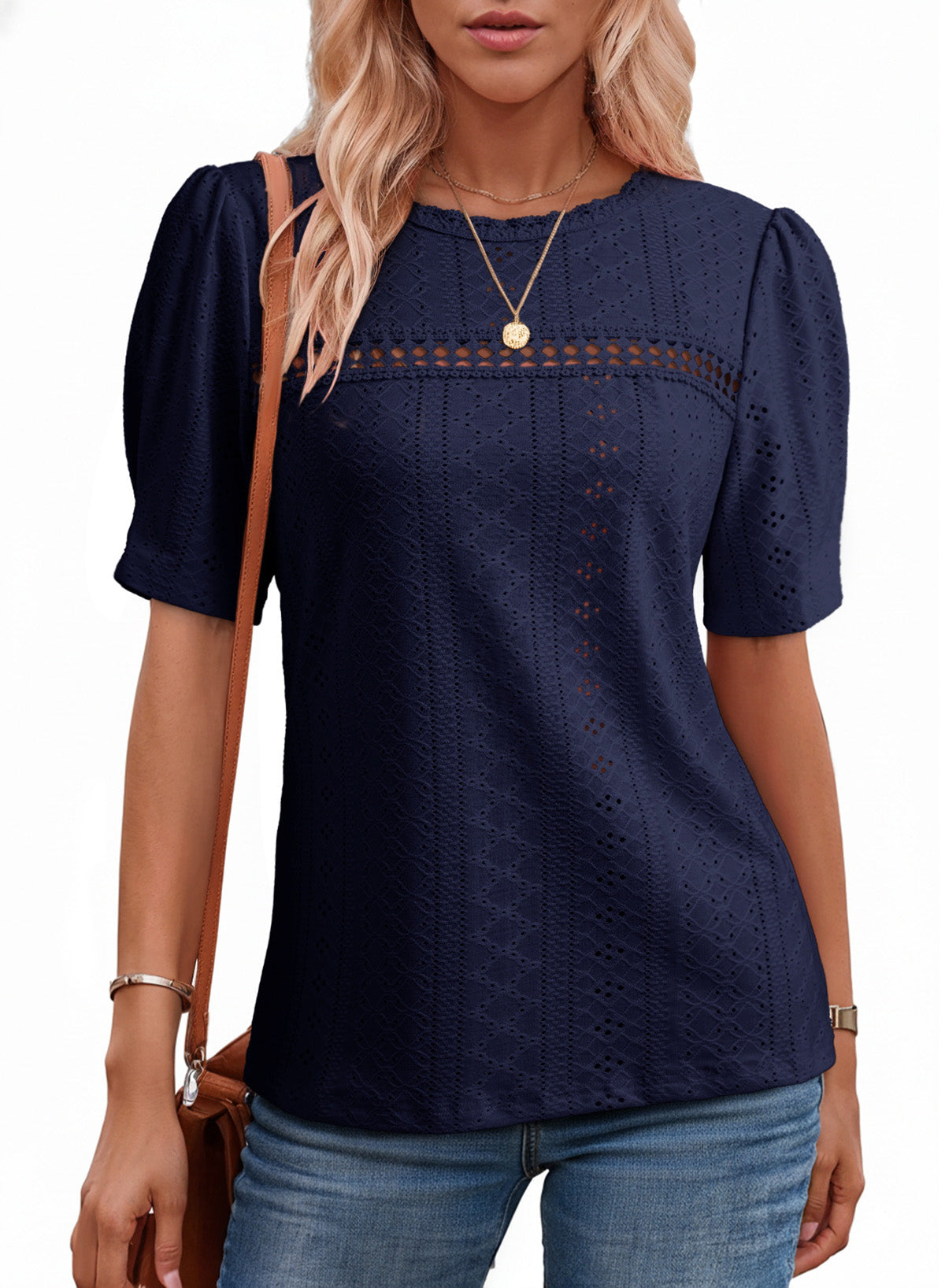 Eyelet Round Neck Short Sleeve T-Shirt