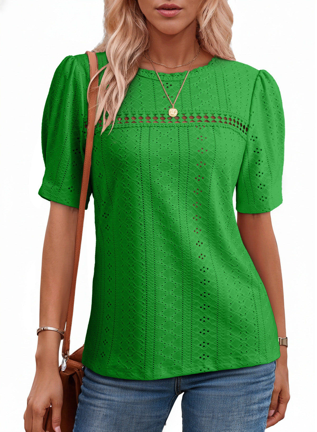 Eyelet Round Neck Short Sleeve T-Shirt