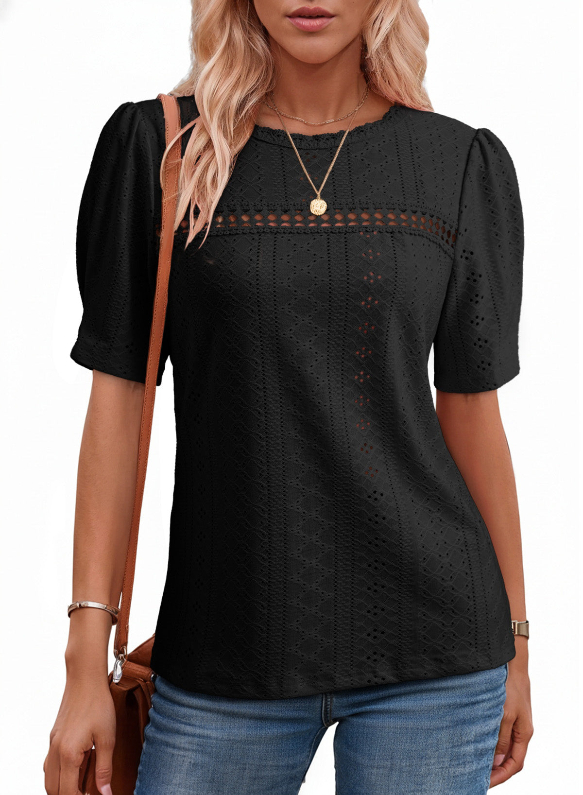 Eyelet Round Neck Short Sleeve T-Shirt