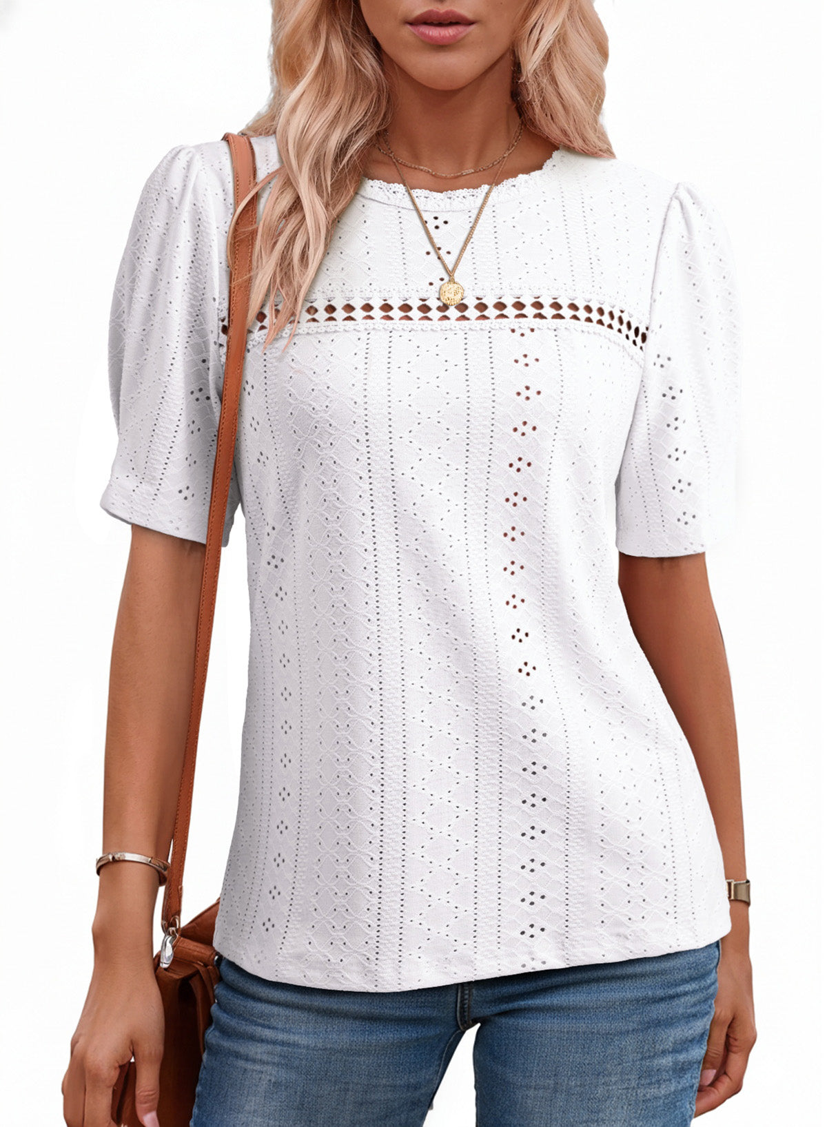 Eyelet Round Neck Short Sleeve T-Shirt