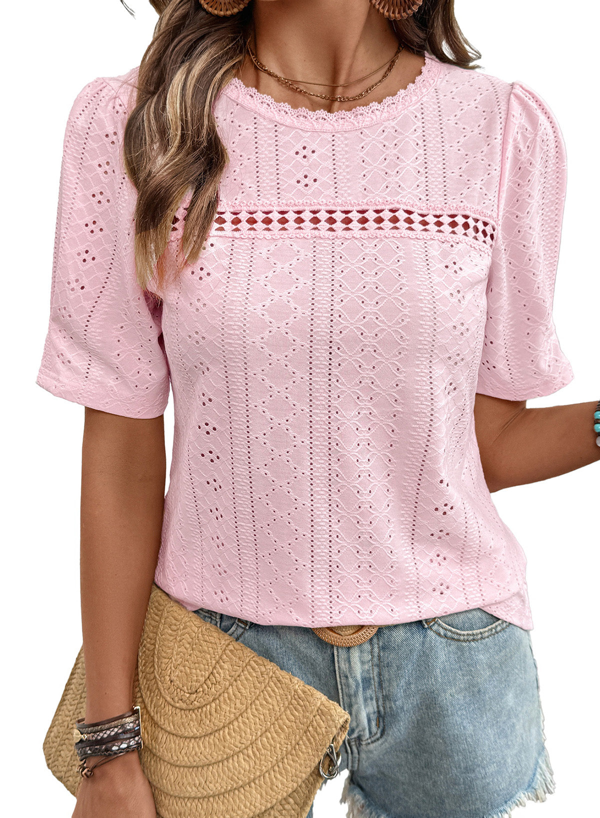 Eyelet Round Neck Short Sleeve T-Shirt