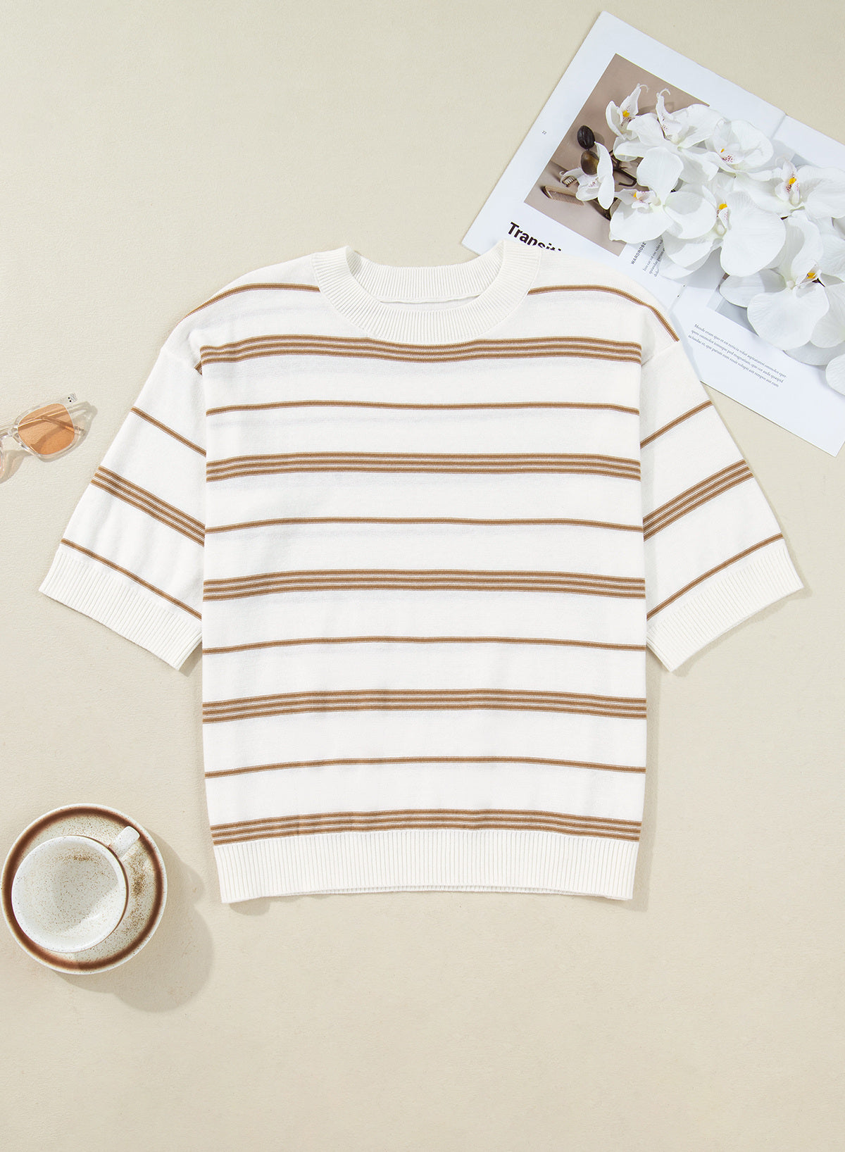 Drop Shoulder Ribbed Trim Loose Half Sleeve Sweater