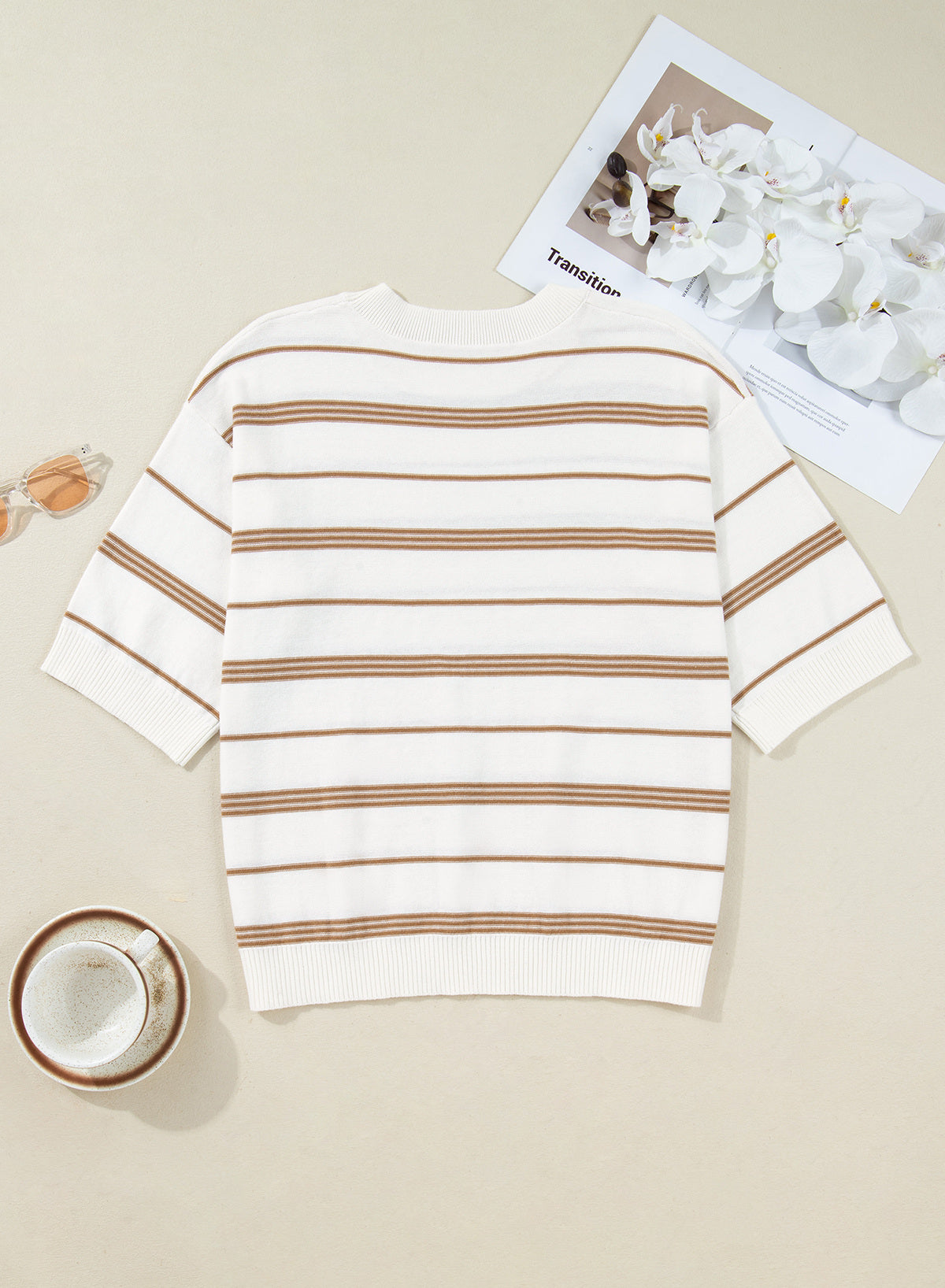 Drop Shoulder Ribbed Trim Loose Half Sleeve Sweater