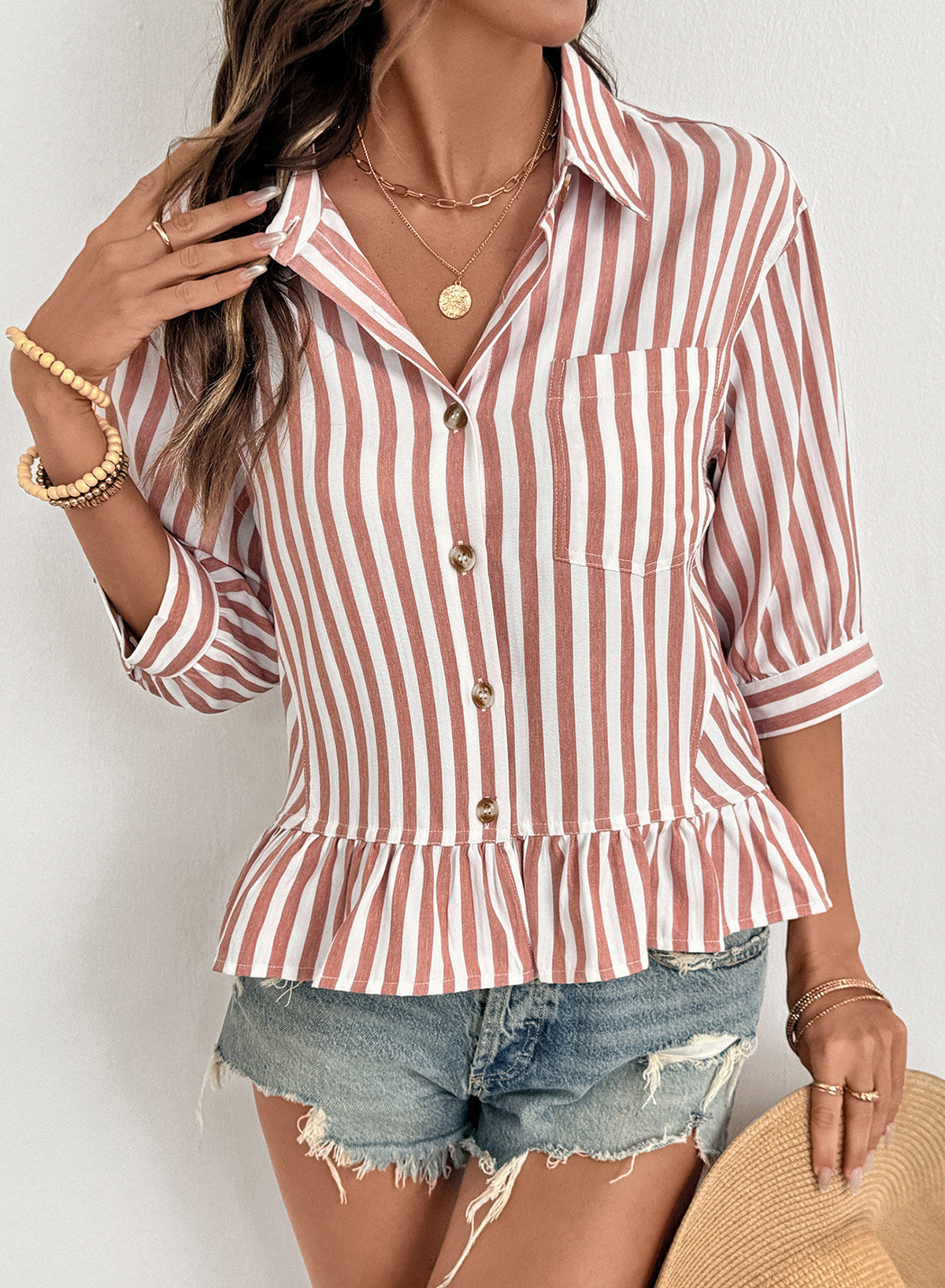 Womens Cropped Striped Button Down Shirts Ruffle 3/4 Length Sleeve Summer Tops Dressy Casual Blouses