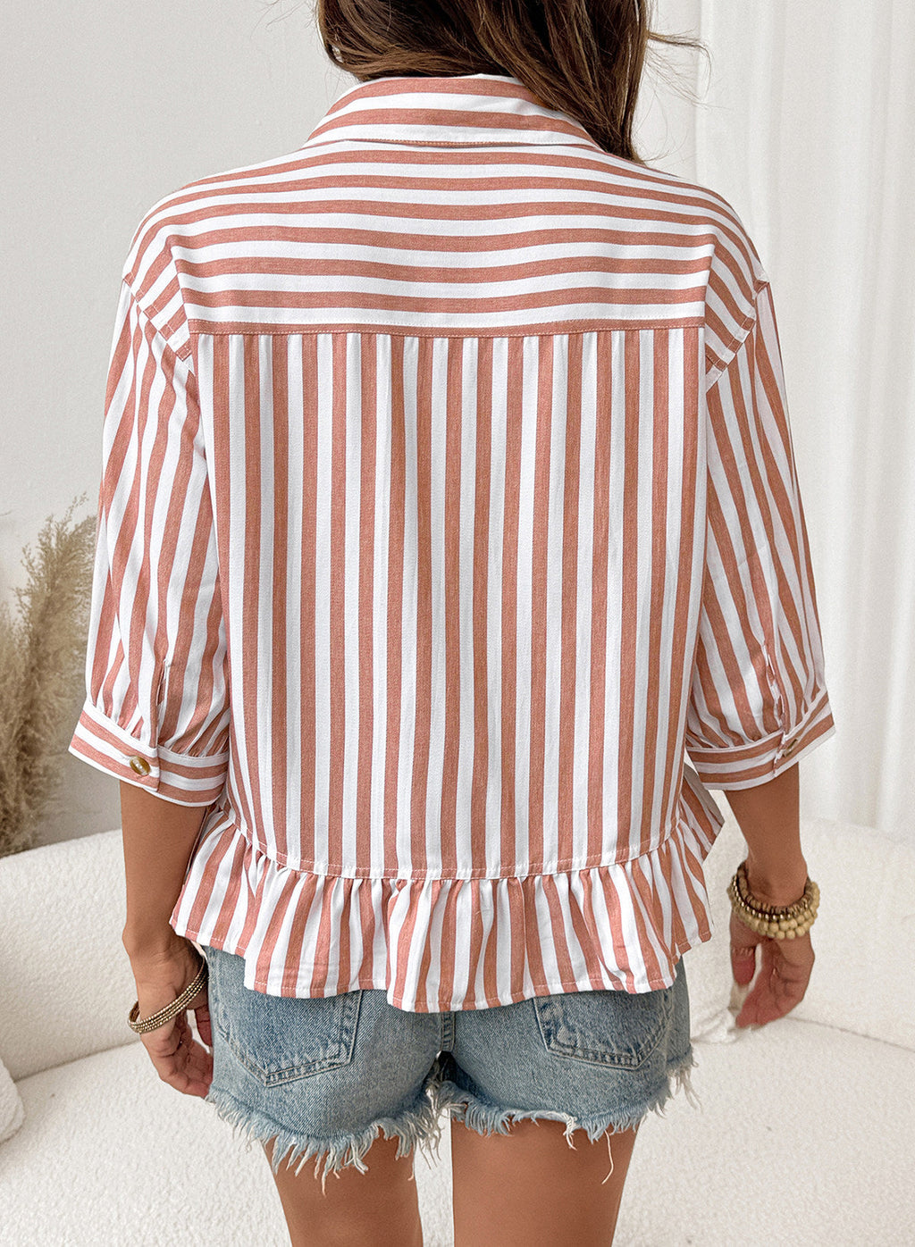 Womens Cropped Striped Button Down Shirts Ruffle 3/4 Length Sleeve Summer Tops Dressy Casual Blouses