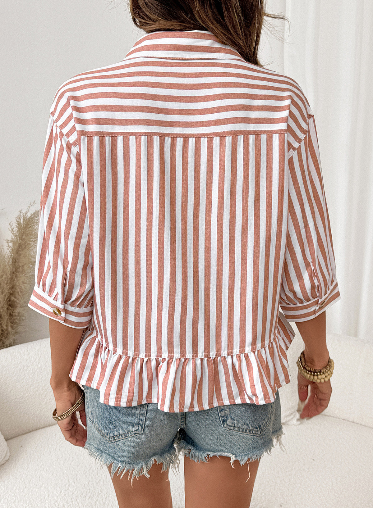 Womens Cropped Striped Button Down Shirts Ruffle 3/4 Length Sleeve Summer Tops Dressy Casual Blouses