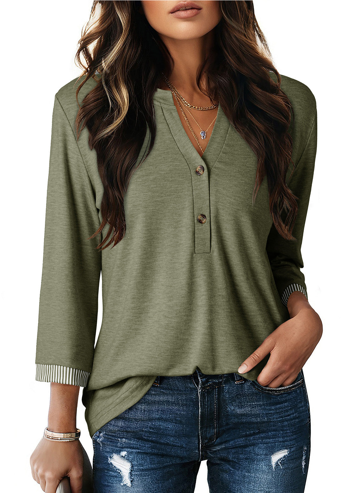 Dokotoo Womens Tops Fall 3/4 Length Sleeve Fashion Solid T-Shirts