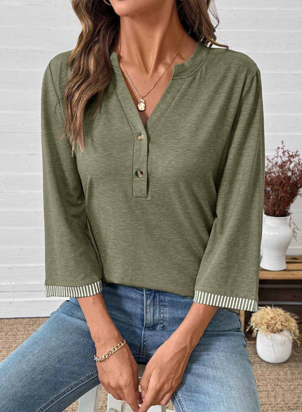 Dokotoo Womens Tops Fall 3/4 Length Sleeve Fashion Solid T-Shirts