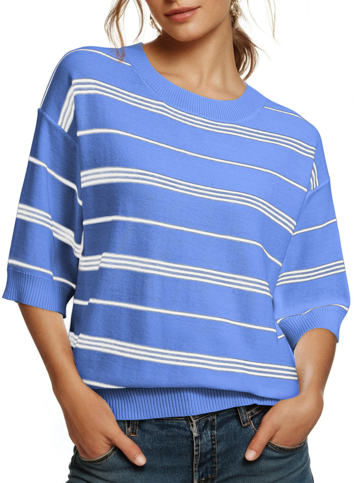 Drop Shoulder Ribbed Trim Loose Half Sleeve Sweater
