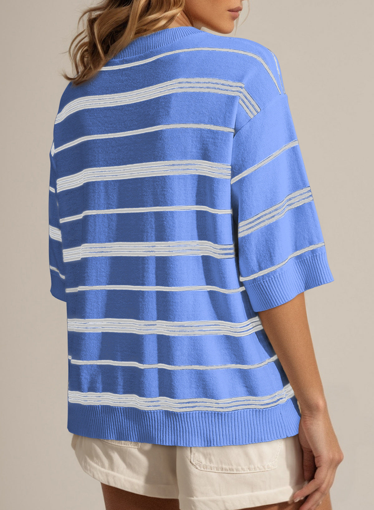 Drop Shoulder Ribbed Trim Loose Half Sleeve Sweater