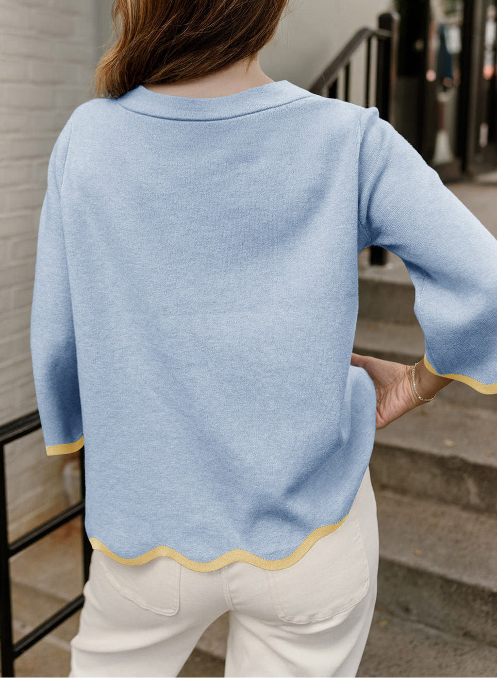 Round Neck Contrasted Wavy Trim Bracelet Sleeve Sweater