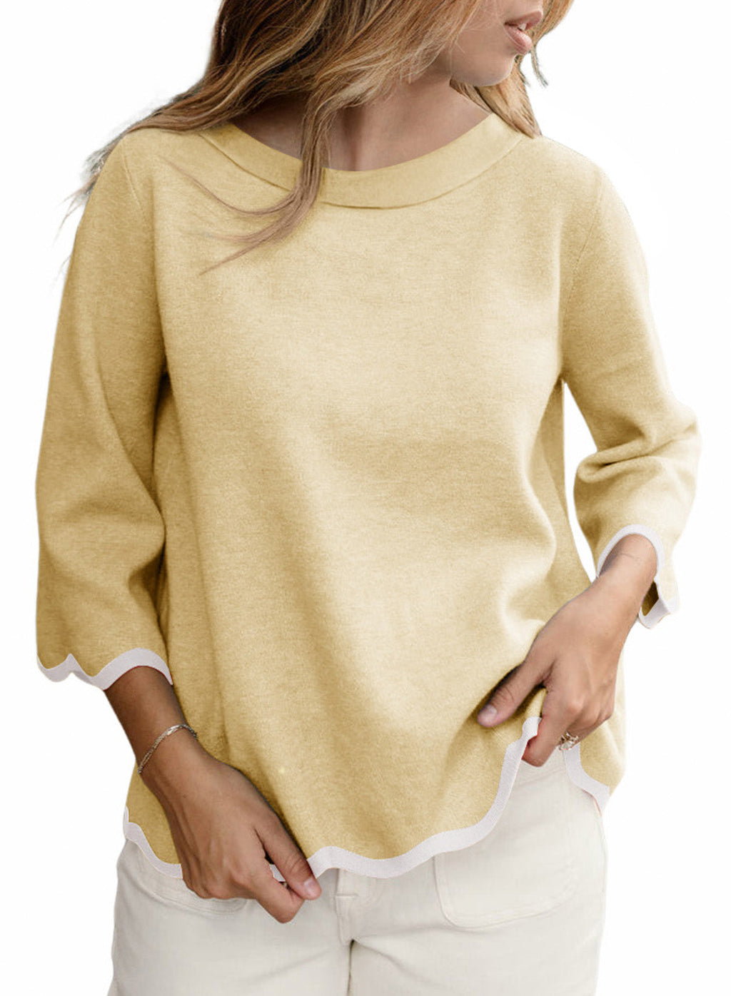 Round Neck Contrasted Wavy Trim Bracelet Sleeve Sweater
