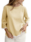 Round Neck Contrasted Wavy Trim Bracelet Sleeve Sweater