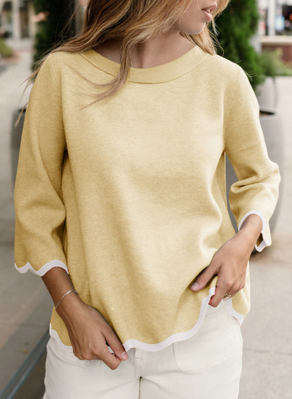 Round Neck Contrasted Wavy Trim Bracelet Sleeve Sweater