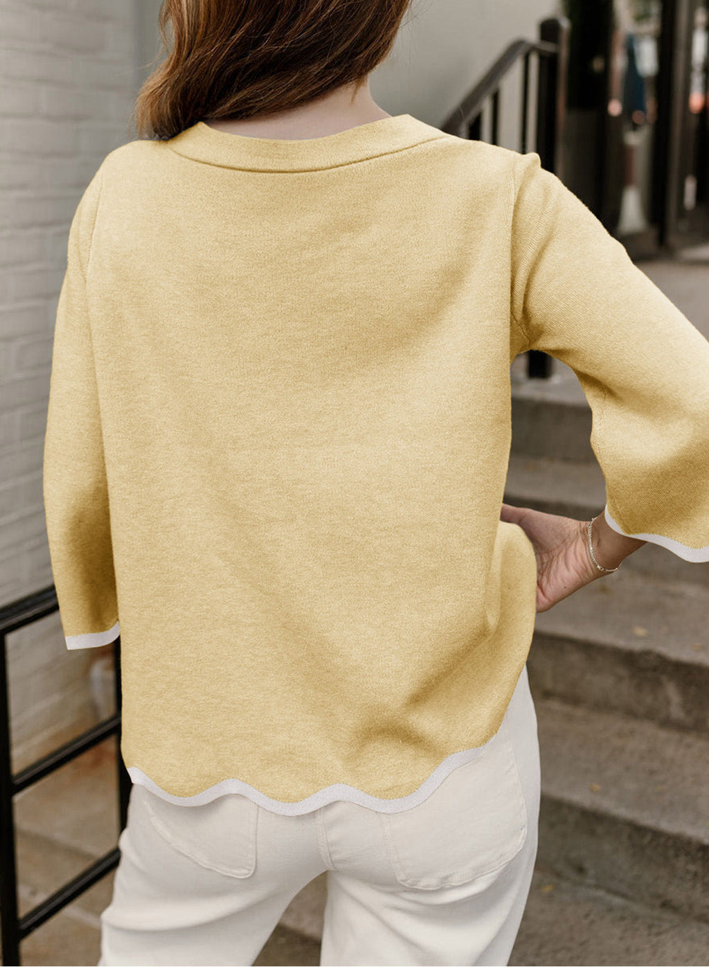Round Neck Contrasted Wavy Trim Bracelet Sleeve Sweater