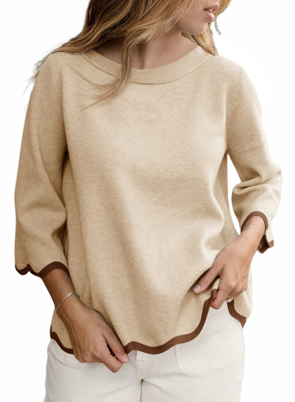 Round Neck Contrasted Wavy Trim Bracelet Sleeve Sweater