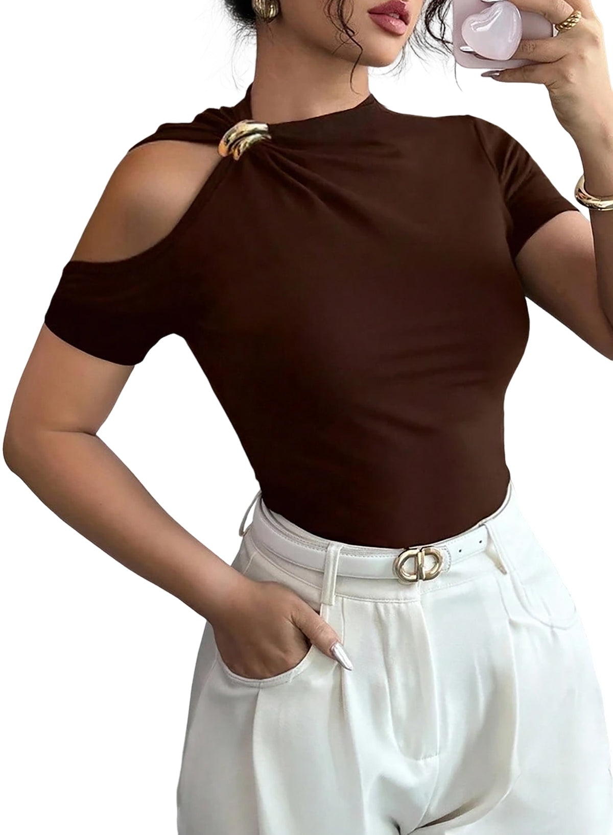 Women Short Sleeve Metal Decorated Hollow Out Solid Color Fashion T-Shirt
