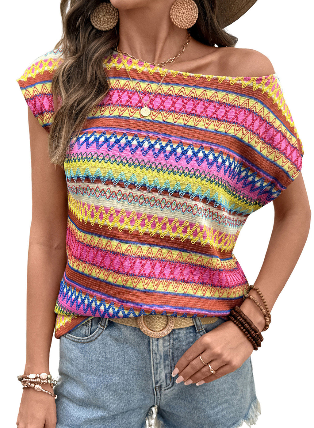 EMERY ROSE Women Geometric Print Round Neck Short Sleeve Casual T-Shirt