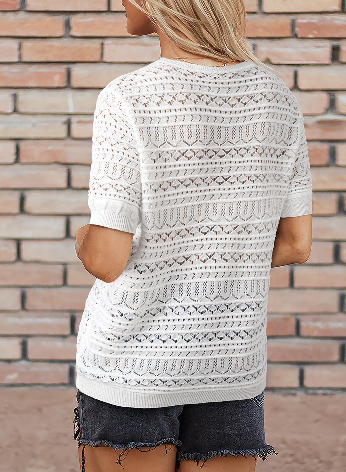 V Neck Hollowed Pattern Knit Short Sleeve Loose Sweater