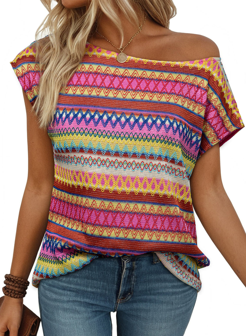 EMERY ROSE Women Geometric Print Round Neck Short Sleeve Casual T-Shirt