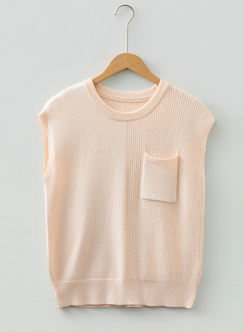 Solid Color Mixed Knits Patch Pocket Short Sleeve Sweater