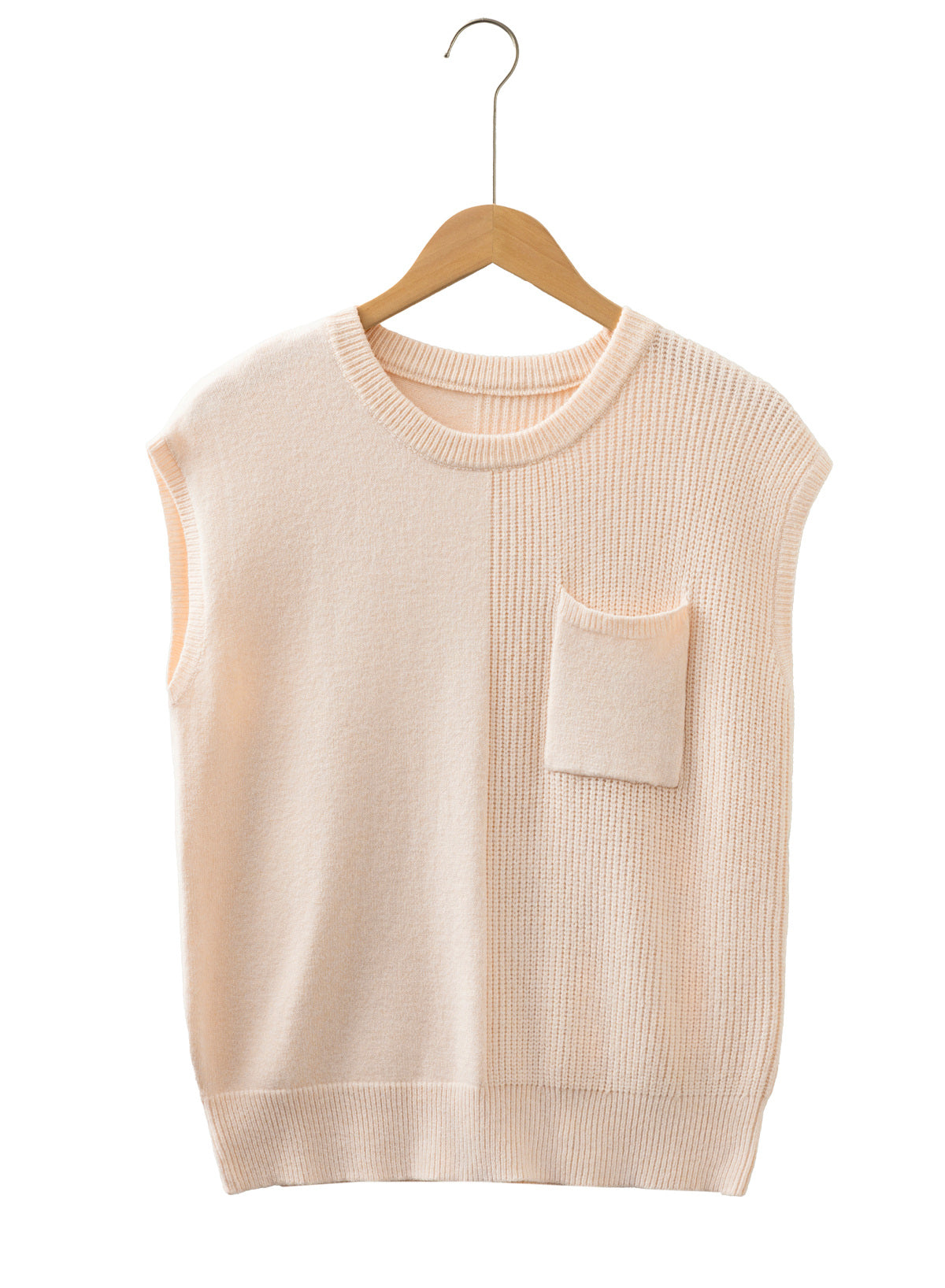Solid Color Mixed Knits Patch Pocket Short Sleeve Sweater