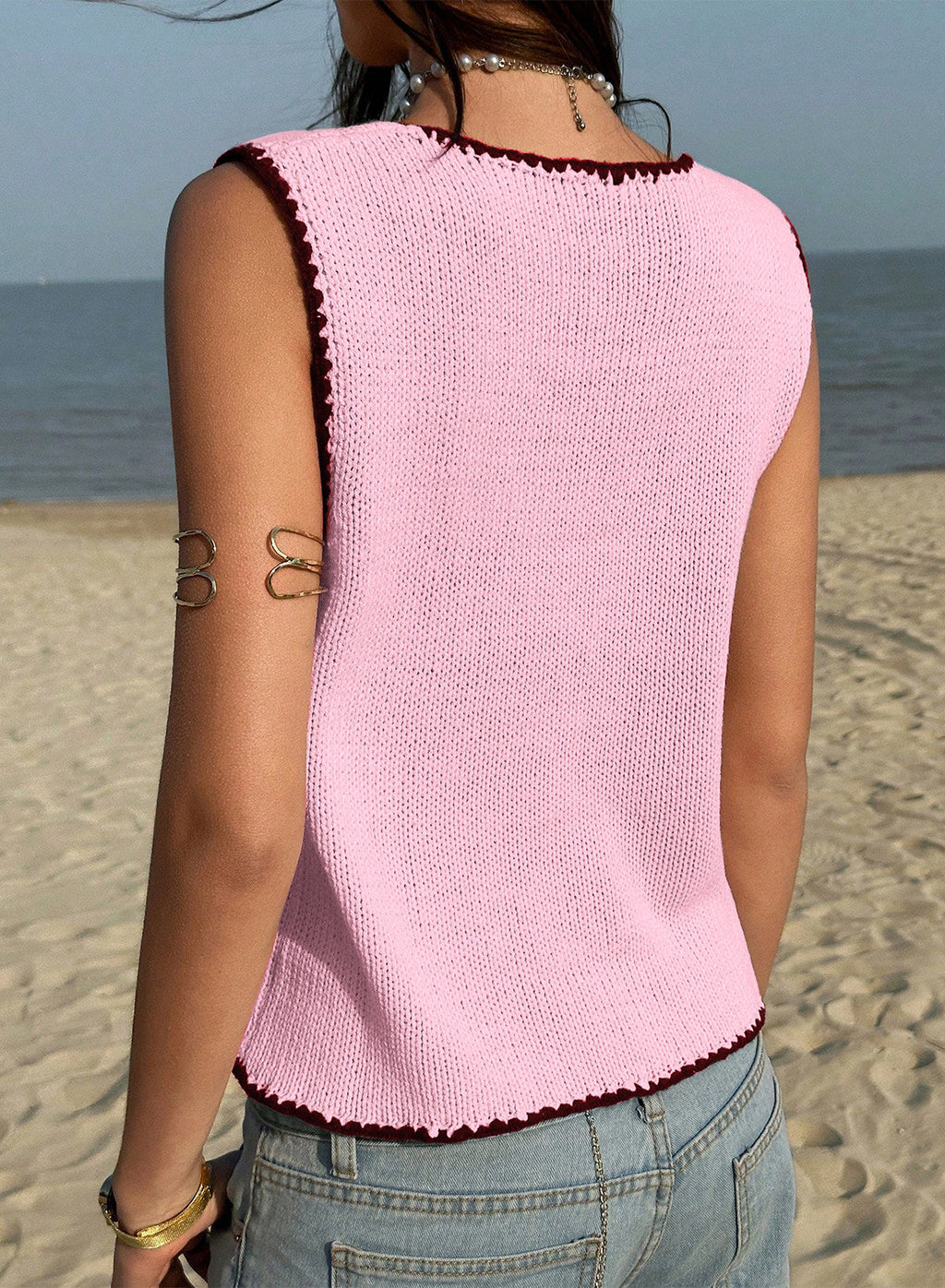 Contrast Trim Buttoned Front Sweater Vest