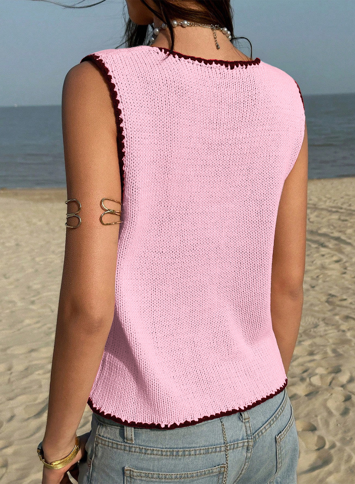 Contrast Trim Buttoned Front Sweater Vest