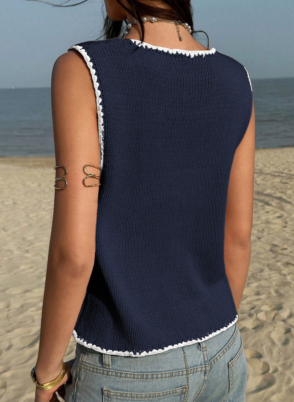 Contrast Trim Buttoned Front Sweater Vest