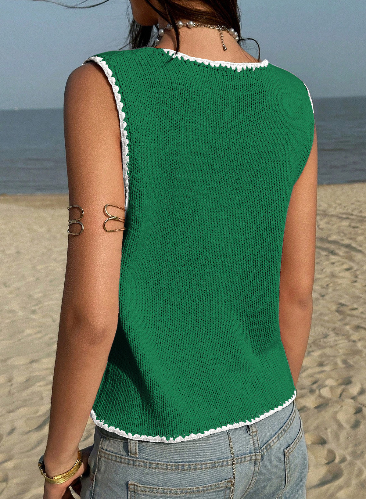 Contrast Trim Buttoned Front Sweater Vest