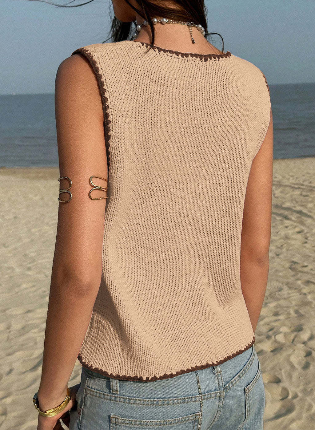 Contrast Trim Buttoned Front Sweater Vest