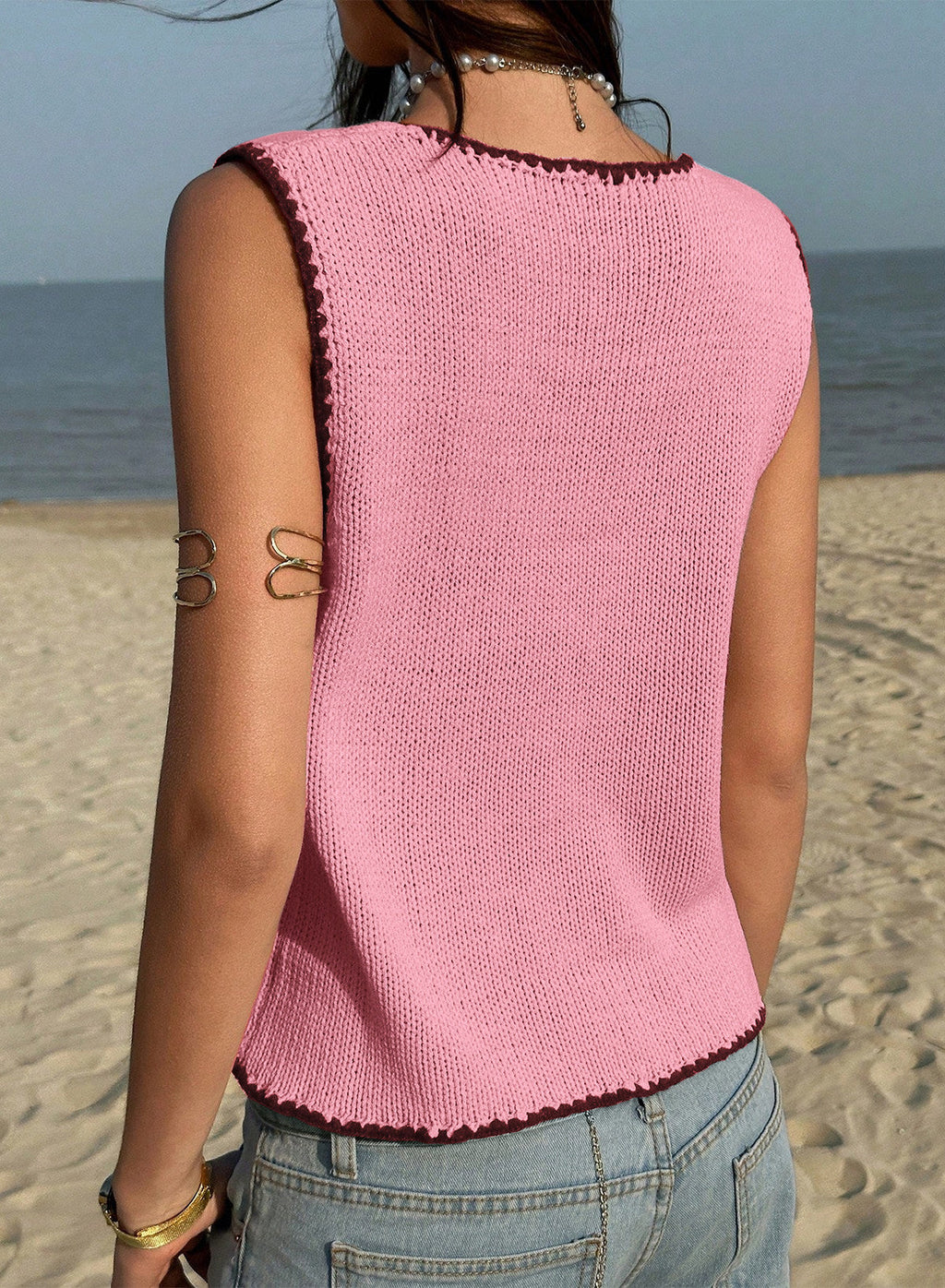 Contrast Trim Buttoned Front Sweater Vest