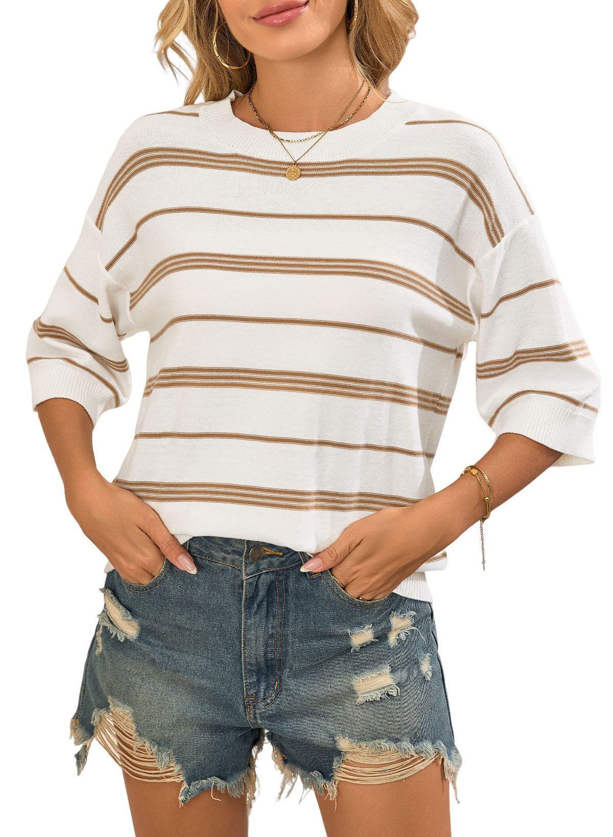 Drop Shoulder Ribbed Trim Loose Half Sleeve Sweater