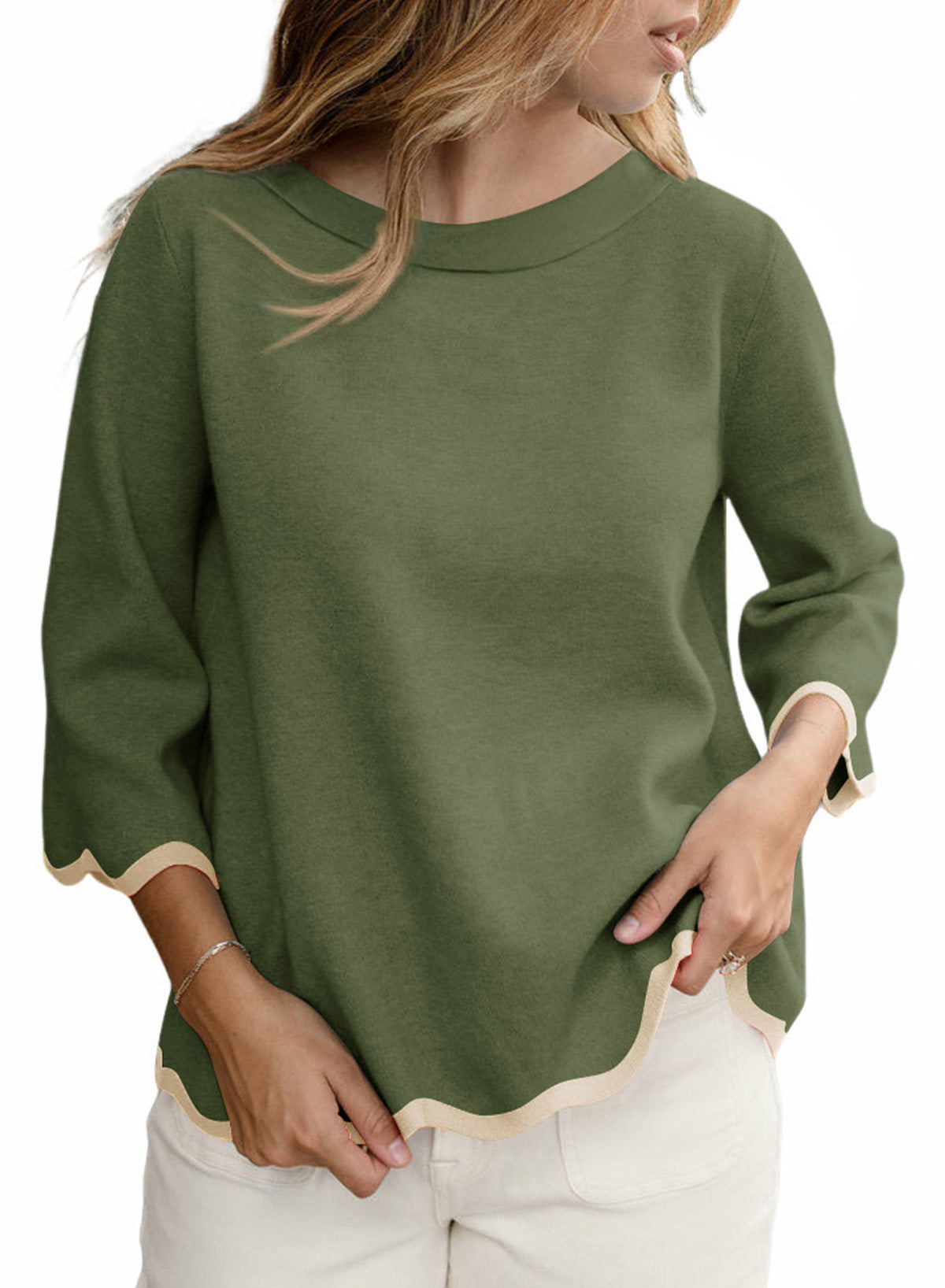 Round Neck Contrasted Wavy Trim Bracelet Sleeve Sweater