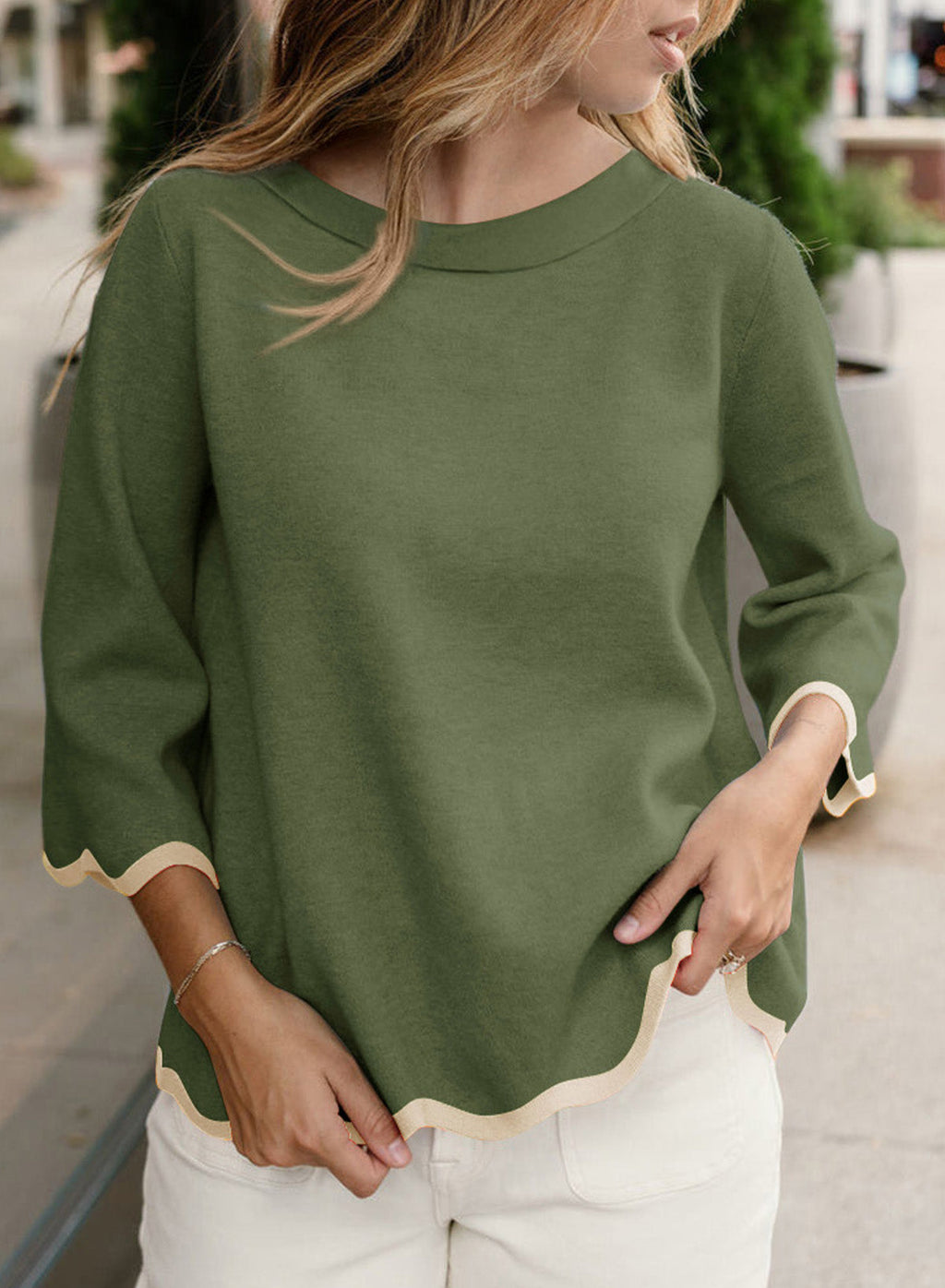 Round Neck Contrasted Wavy Trim Bracelet Sleeve Sweater