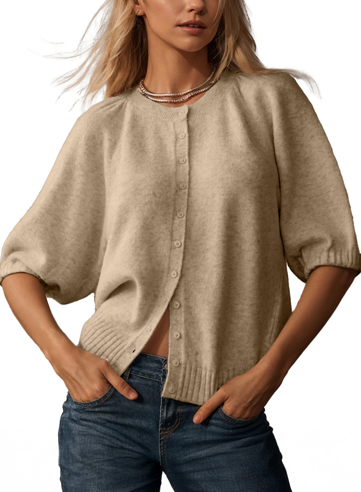 Puff-Sleeve Cardigan Sweater
