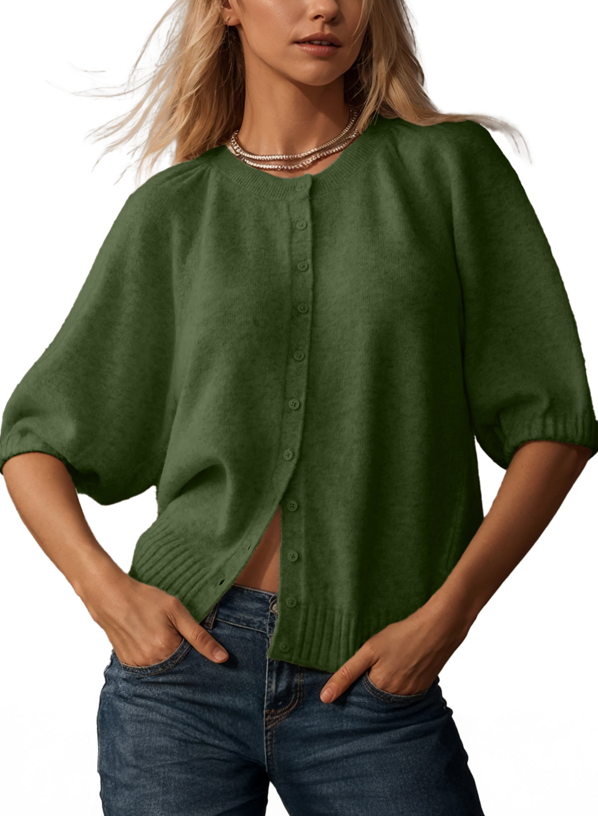 Puff-Sleeve Cardigan Sweater